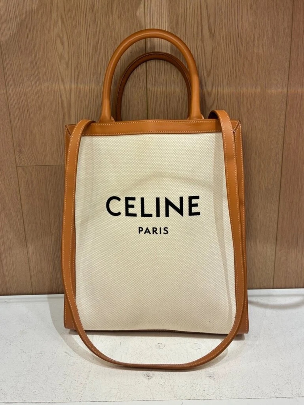 Celine Cream Canvas Tote with Tan Leather Trim